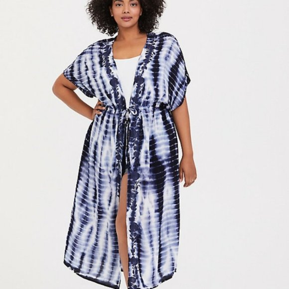 torrid Other - Torrid Blue Tie Dye Floral Embroidered Bohemian Peasant Beach Kimono Duster 4X